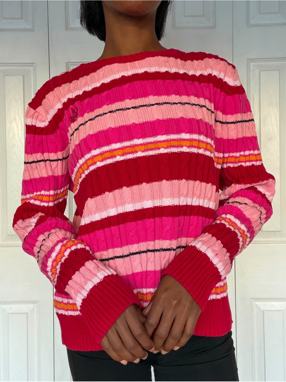 Liz Claiborne Pink & Red Striped Crewneck Sweater